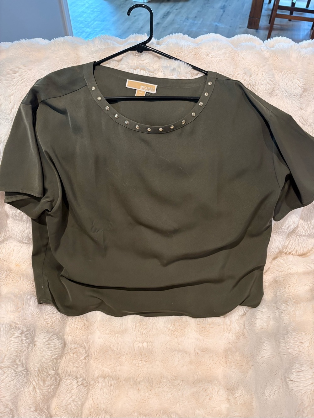 Michael Kors Olive Green Short Sleeve Studded Neck Blouse